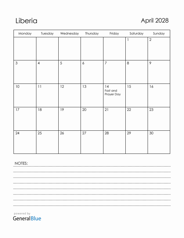 April 2028 Liberia Calendar with Holidays (Monday Start)