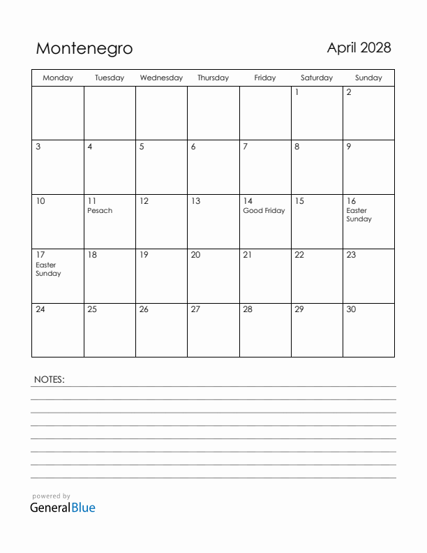 April 2028 Montenegro Calendar with Holidays (Monday Start)