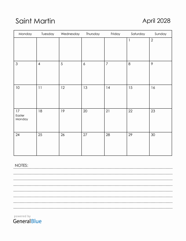 April 2028 Saint Martin Calendar with Holidays (Monday Start)