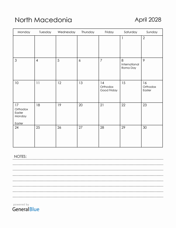 April 2028 North Macedonia Calendar with Holidays (Monday Start)