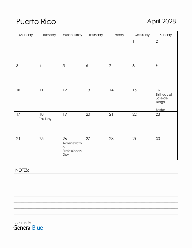 April 2028 Puerto Rico Calendar with Holidays (Monday Start)