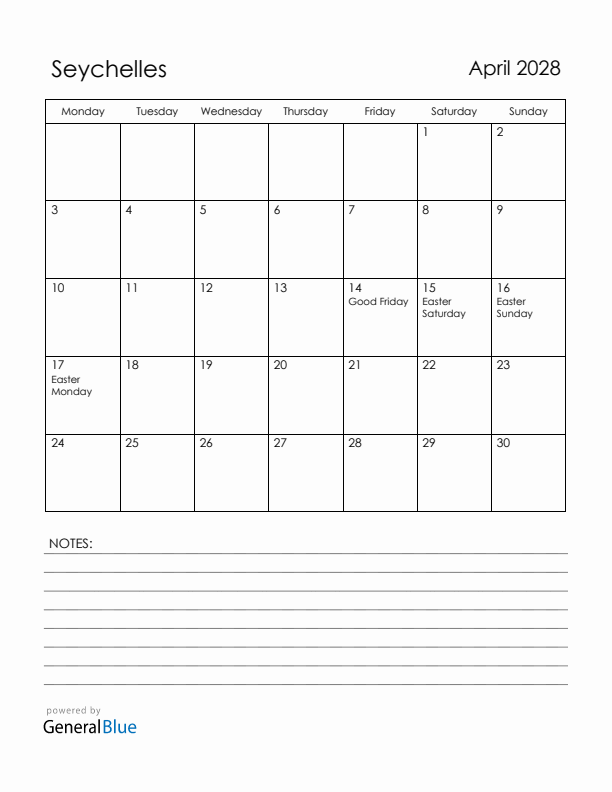April 2028 Seychelles Calendar with Holidays (Monday Start)