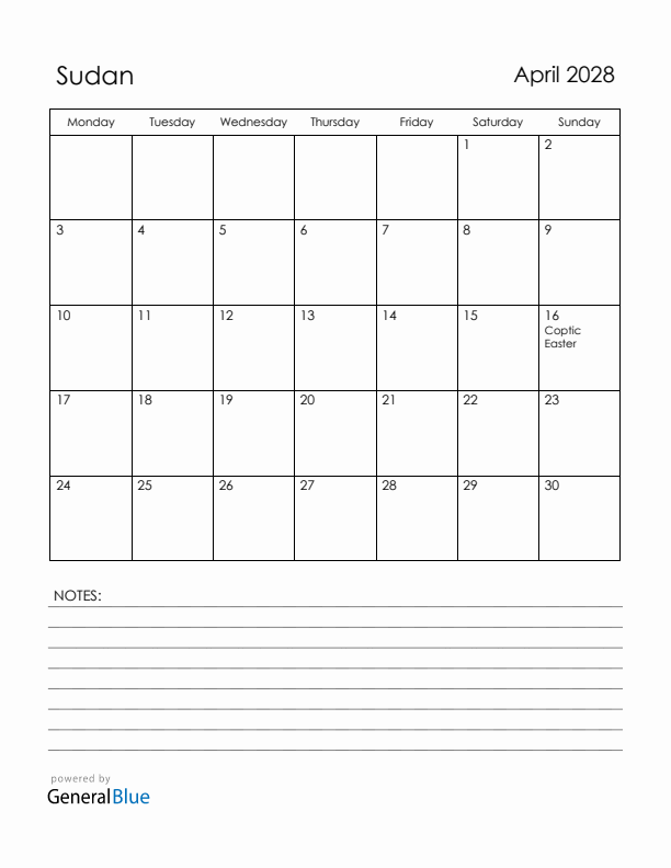 April 2028 Sudan Calendar with Holidays (Monday Start)