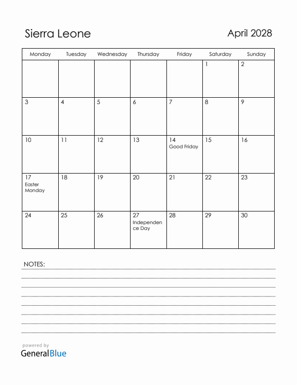 April 2028 Sierra Leone Calendar with Holidays (Monday Start)