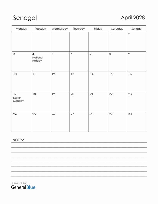 April 2028 Senegal Calendar with Holidays (Monday Start)
