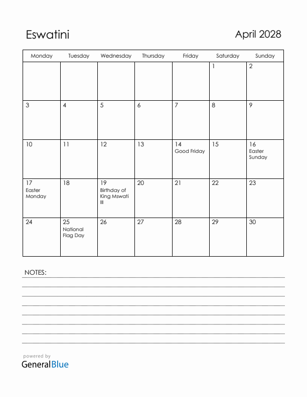 April 2028 Eswatini Calendar with Holidays (Monday Start)