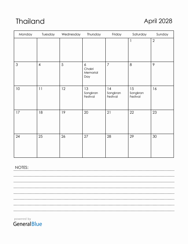 April 2028 Thailand Calendar with Holidays (Monday Start)