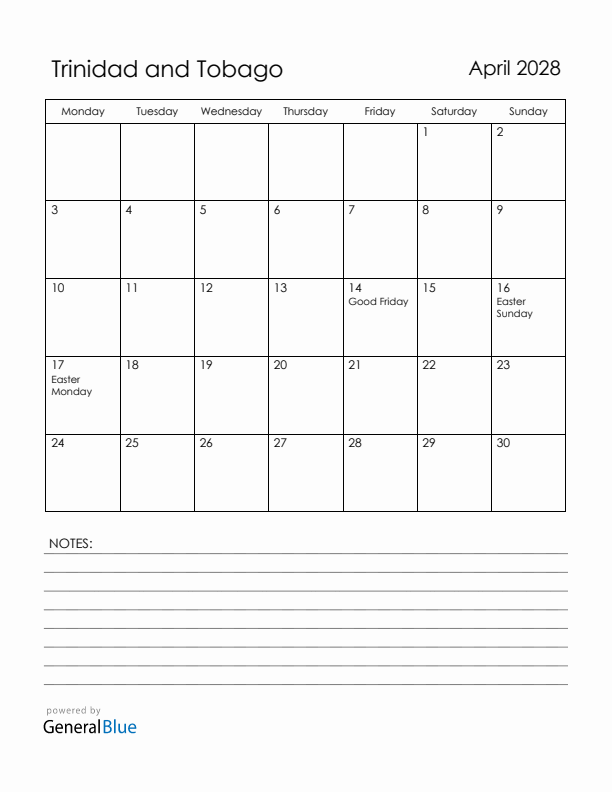 April 2028 Trinidad and Tobago Calendar with Holidays (Monday Start)