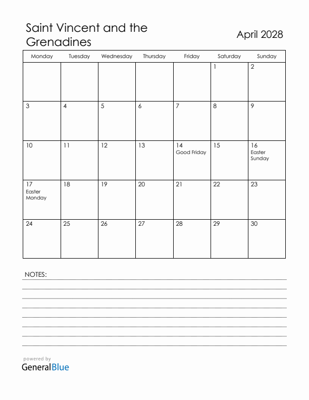 April 2028 Saint Vincent and the Grenadines Calendar with Holidays (Monday Start)