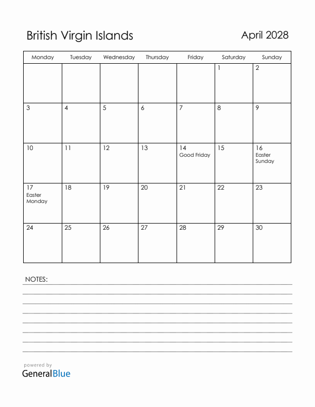 April 2028 British Virgin Islands Calendar with Holidays (Monday Start)