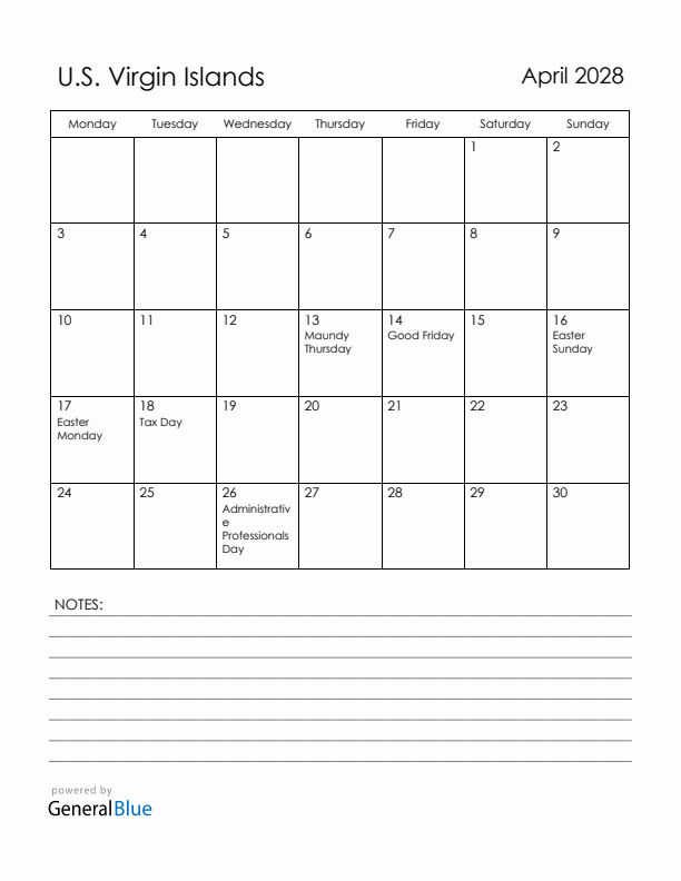 April 2028 U.S. Virgin Islands Calendar with Holidays (Monday Start)