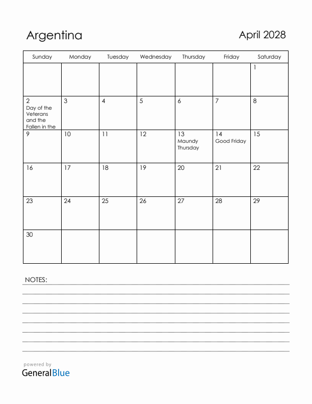April 2028 Argentina Calendar with Holidays (Sunday Start)