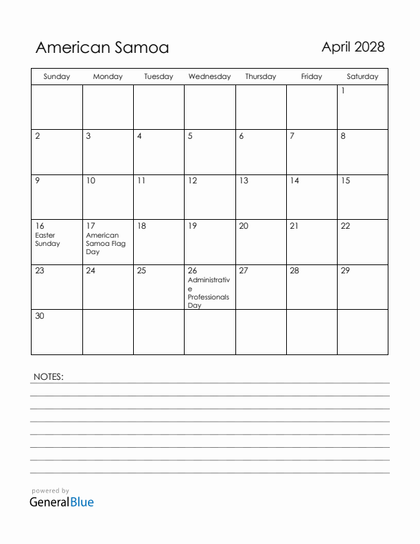 April 2028 American Samoa Calendar with Holidays (Sunday Start)