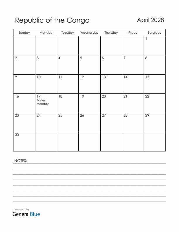 April 2028 Republic of the Congo Calendar with Holidays (Sunday Start)