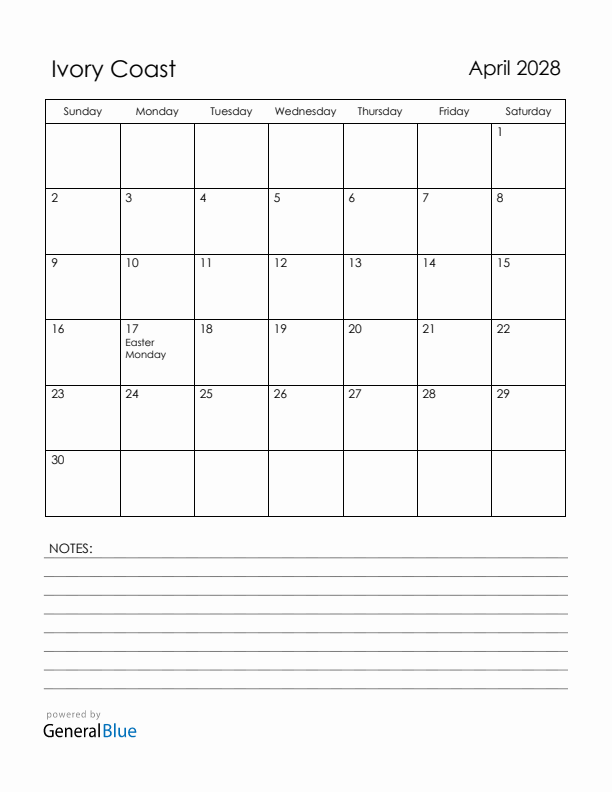 April 2028 Ivory Coast Calendar with Holidays (Sunday Start)