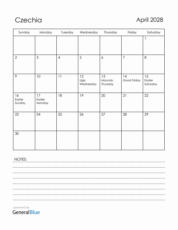 April 2028 Czechia Calendar with Holidays (Sunday Start)
