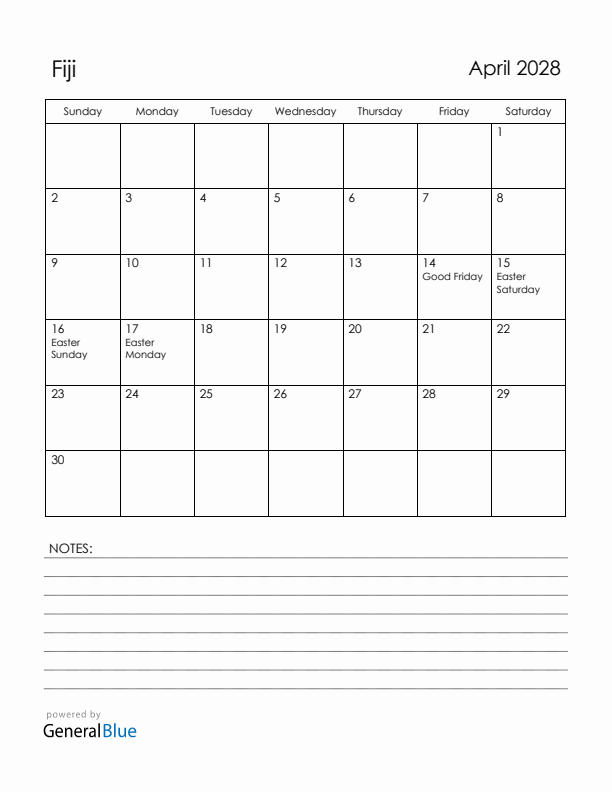 April 2028 Fiji Calendar with Holidays (Sunday Start)