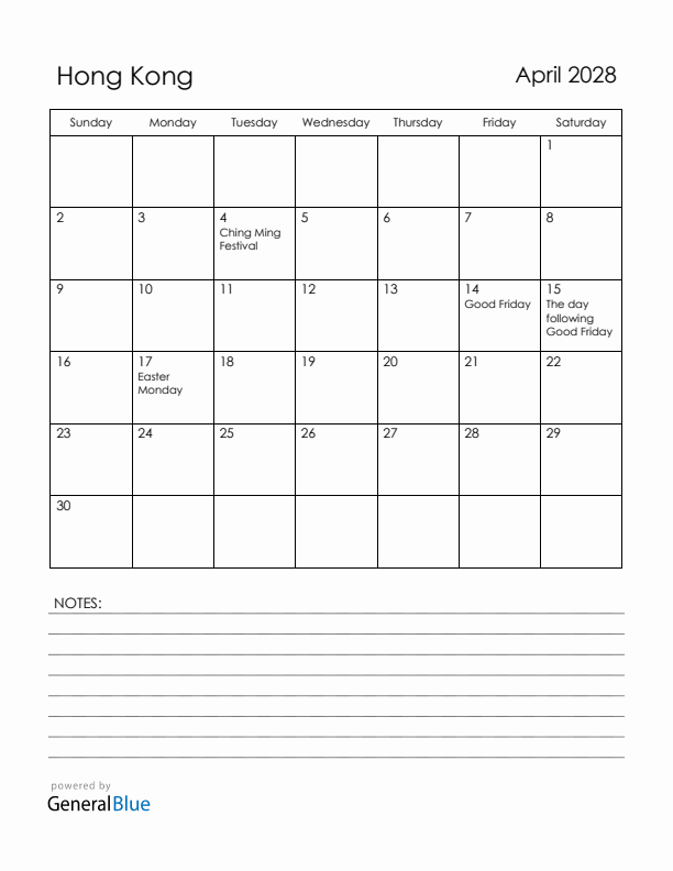April 2028 Hong Kong Calendar with Holidays (Sunday Start)