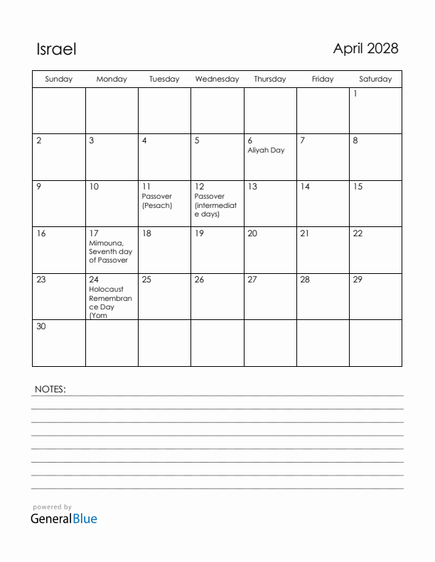 April 2028 Israel Calendar with Holidays (Sunday Start)
