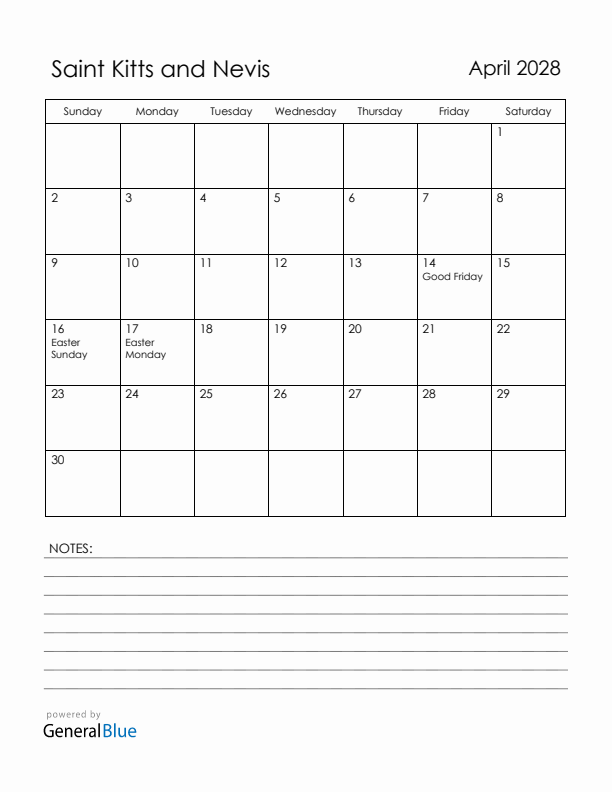 April 2028 Saint Kitts and Nevis Calendar with Holidays (Sunday Start)