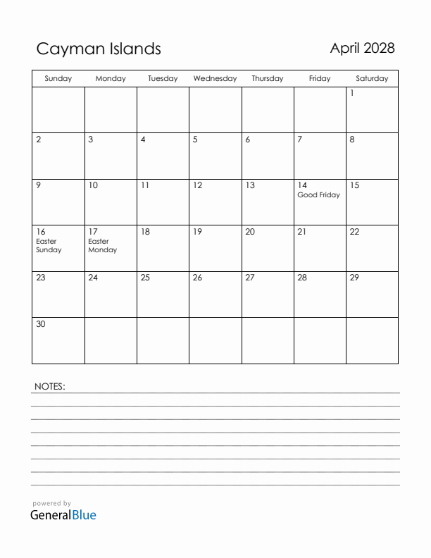 April 2028 Cayman Islands Calendar with Holidays (Sunday Start)