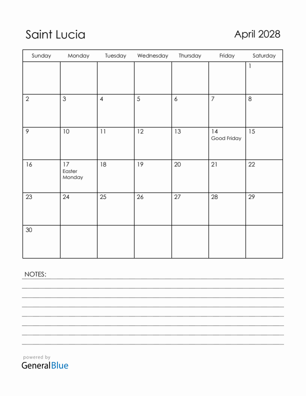 April 2028 Saint Lucia Calendar with Holidays (Sunday Start)