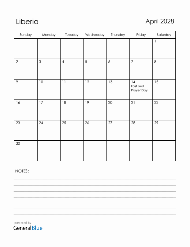 April 2028 Liberia Calendar with Holidays (Sunday Start)