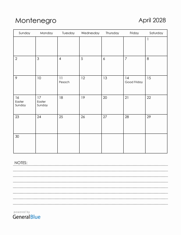 April 2028 Montenegro Calendar with Holidays (Sunday Start)