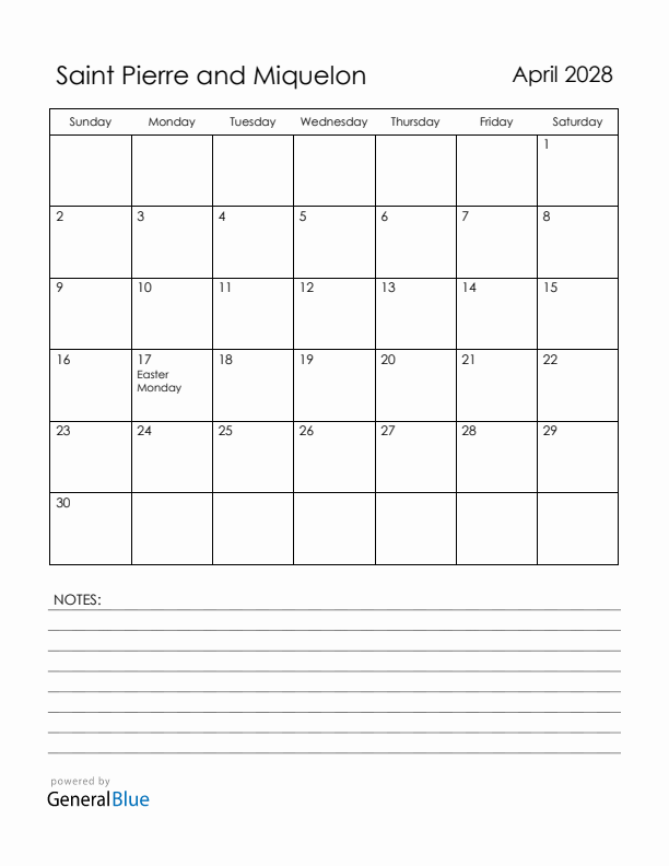 April 2028 Saint Pierre and Miquelon Calendar with Holidays (Sunday Start)