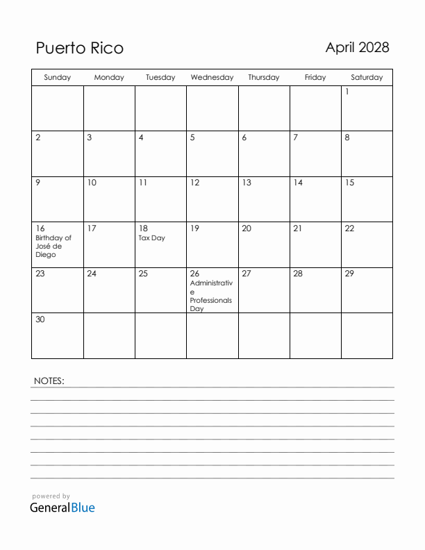 April 2028 Puerto Rico Calendar with Holidays (Sunday Start)