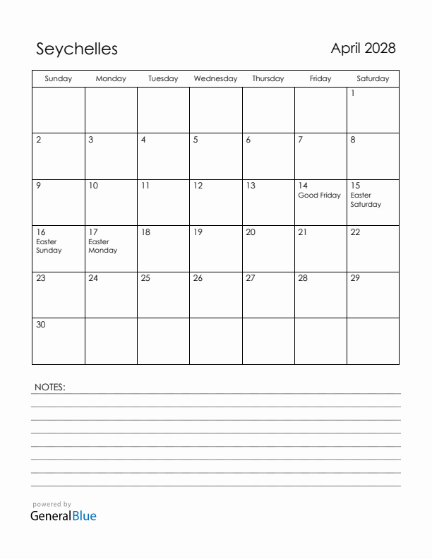 April 2028 Seychelles Calendar with Holidays (Sunday Start)