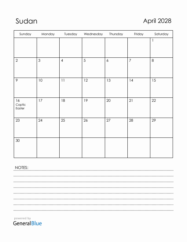 April 2028 Sudan Calendar with Holidays (Sunday Start)