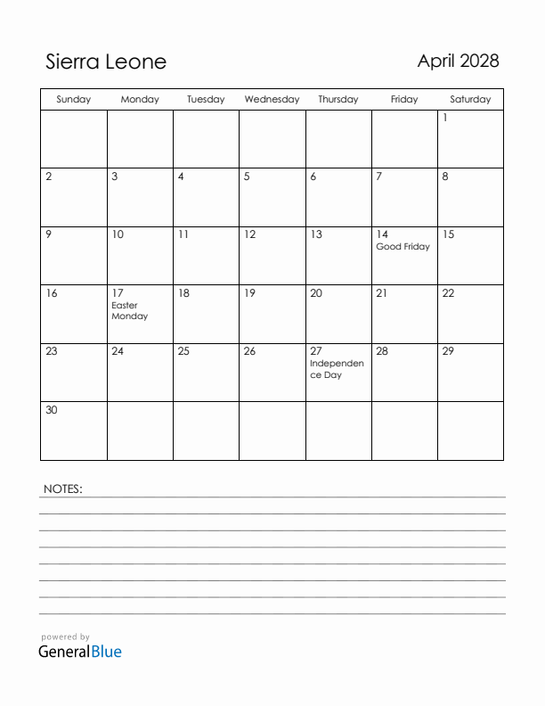 April 2028 Sierra Leone Calendar with Holidays (Sunday Start)
