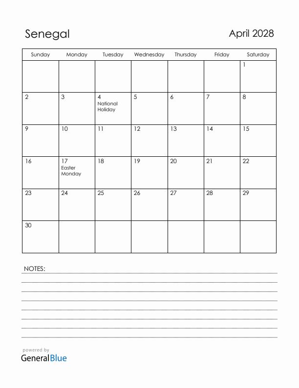 April 2028 Senegal Calendar with Holidays (Sunday Start)