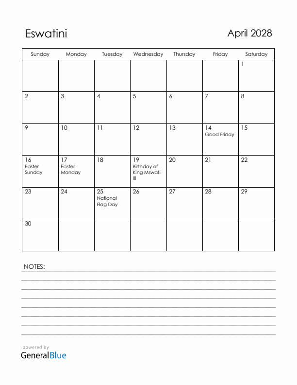 April 2028 Eswatini Calendar with Holidays (Sunday Start)