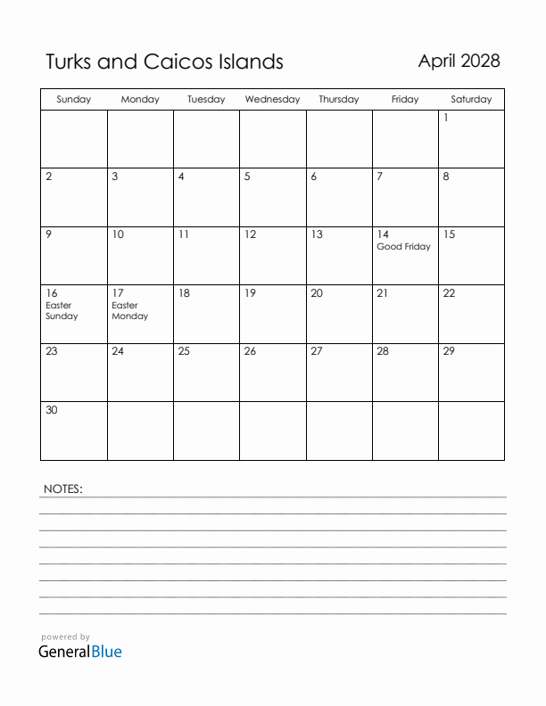 April 2028 Turks and Caicos Islands Calendar with Holidays (Sunday Start)