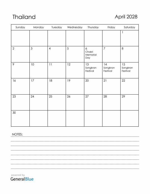 April 2028 Thailand Calendar with Holidays (Sunday Start)
