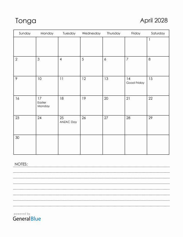 April 2028 Tonga Calendar with Holidays (Sunday Start)