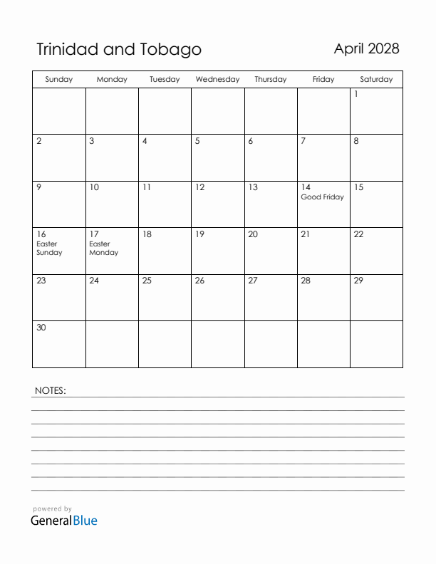 April 2028 Trinidad and Tobago Calendar with Holidays (Sunday Start)