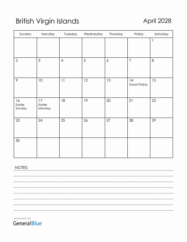 April 2028 British Virgin Islands Calendar with Holidays (Sunday Start)