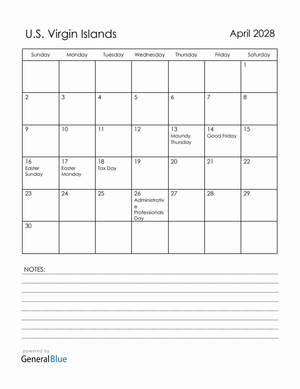 April 2028 U.S. Virgin Islands Calendar with Holidays (Sunday Start)