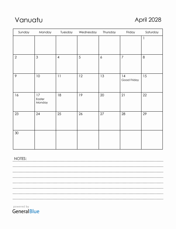 April 2028 Vanuatu Calendar with Holidays (Sunday Start)