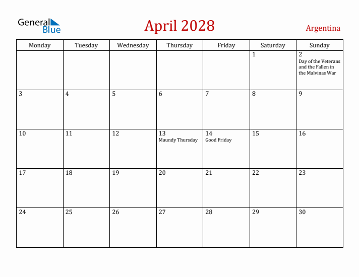 Argentina April 2028 Calendar - Monday Start