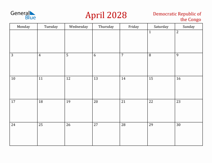Democratic Republic of the Congo April 2028 Calendar - Monday Start