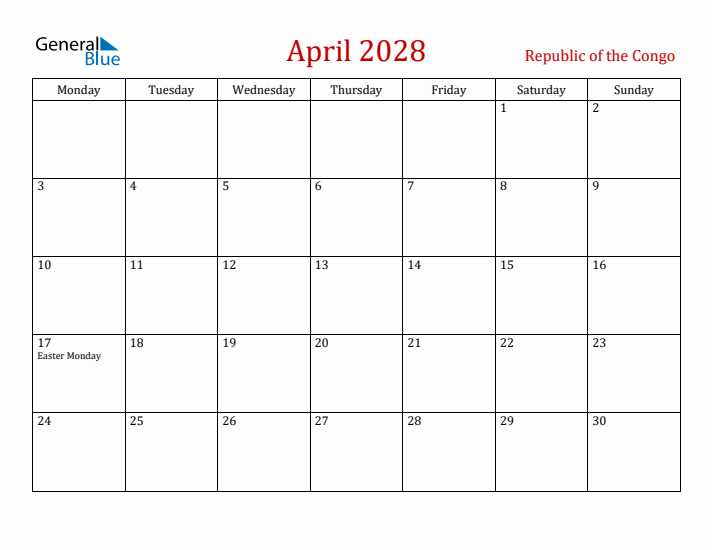 Republic of the Congo April 2028 Calendar - Monday Start