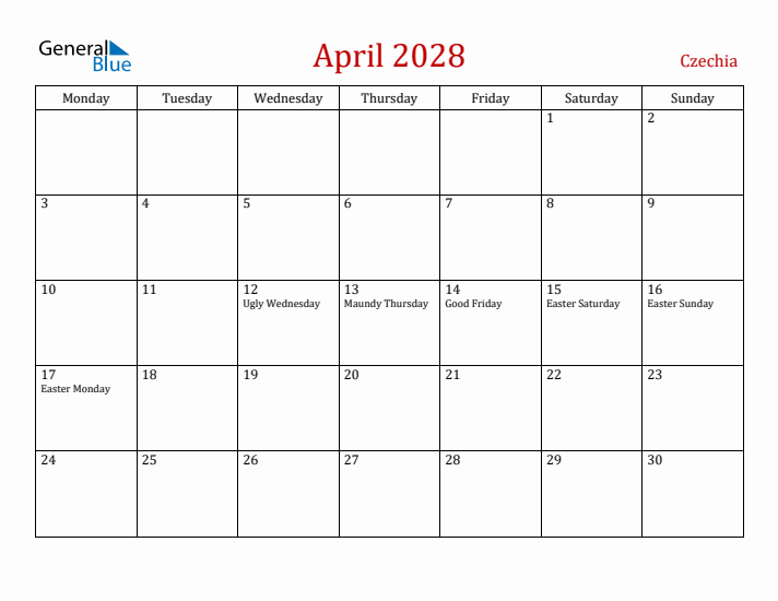 Czechia April 2028 Calendar - Monday Start