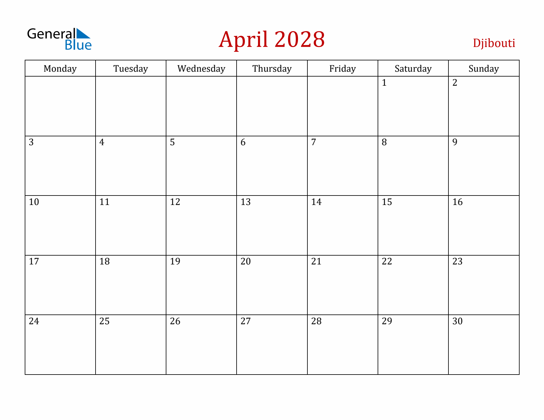 Djibouti April 2028 Calendar - Monday Start