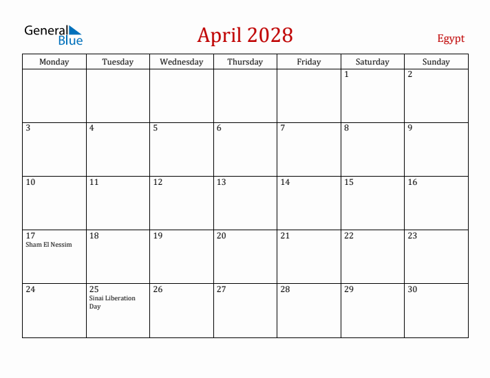 Egypt April 2028 Calendar - Monday Start