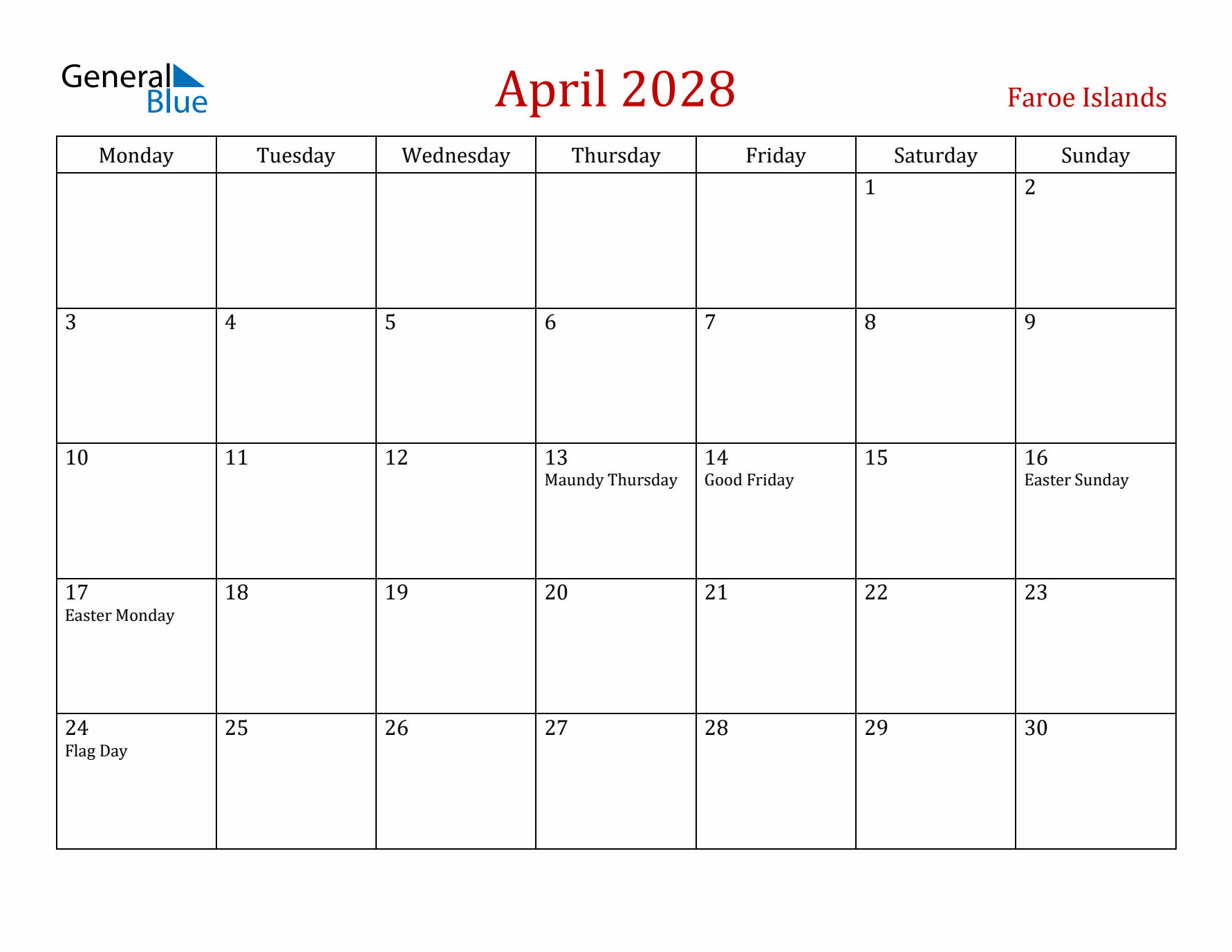 Faroe Islands April 2028 Calendar - Monday Start