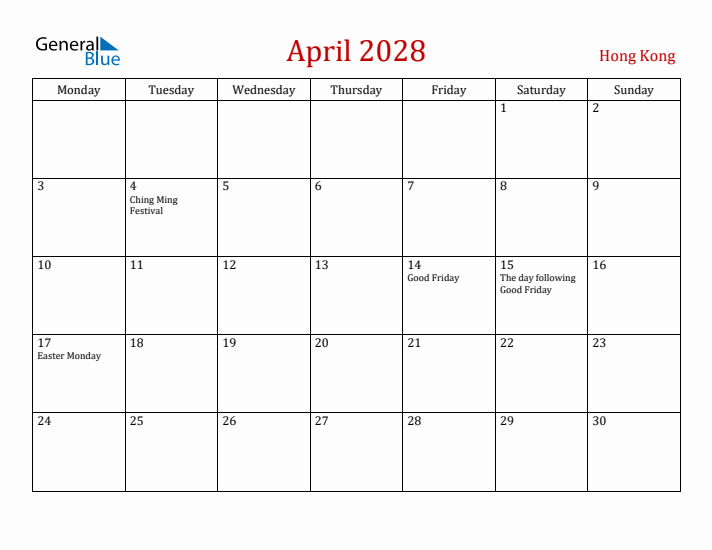 Hong Kong April 2028 Calendar - Monday Start
